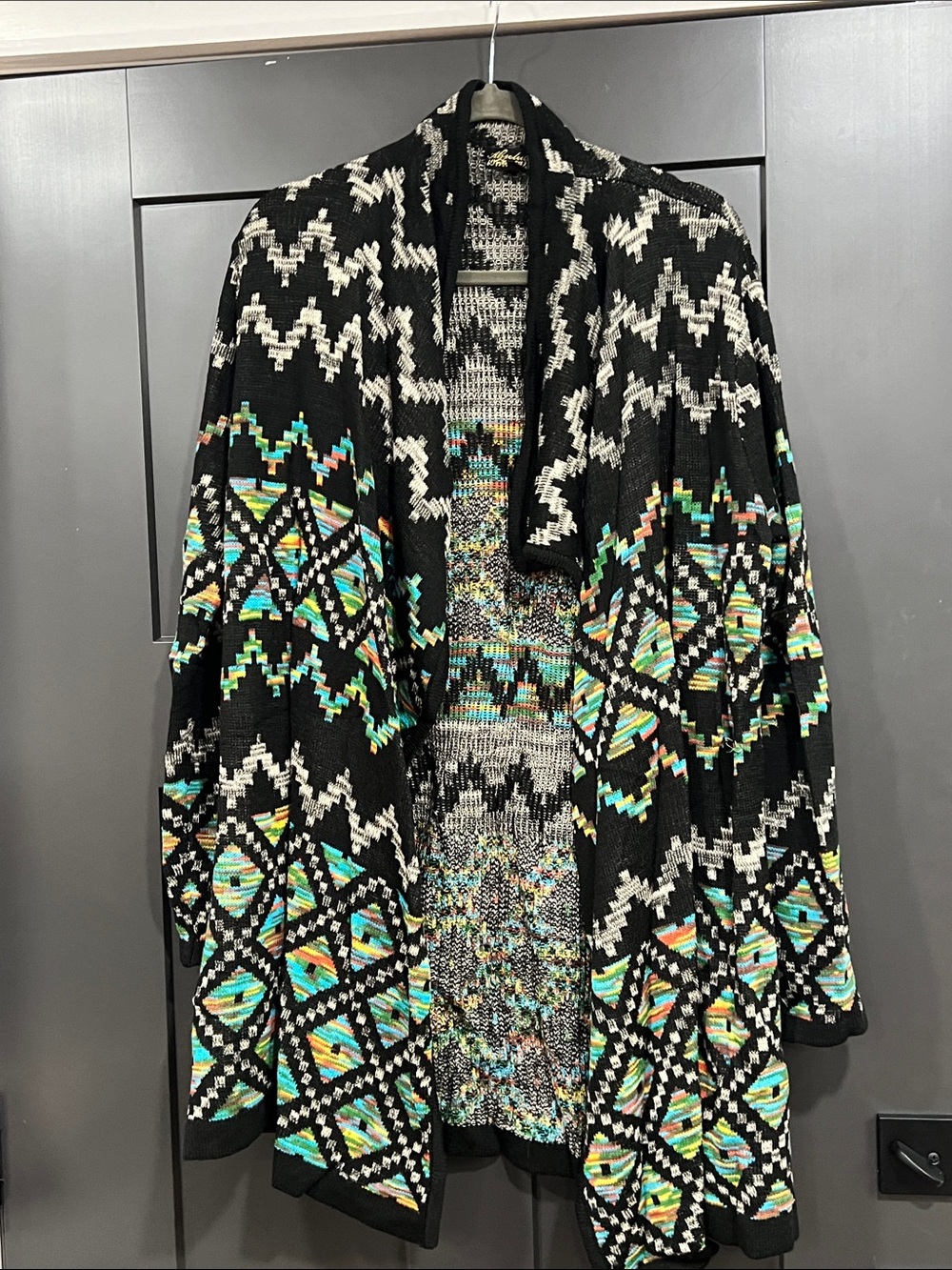 Absolutely Famous Black & White Aztec Open-Front Cardigan with Teal Accents